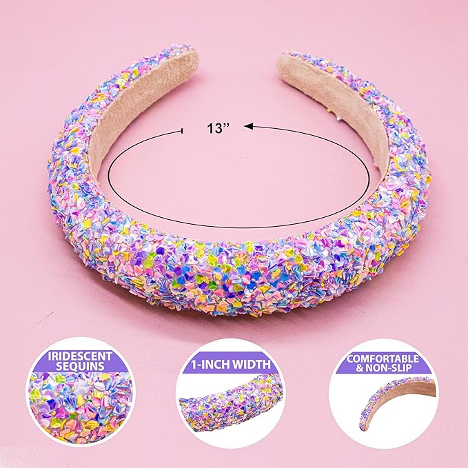 FROG SAC Sequin Headband for Girls, Sparkly Puffy Hair Band for Kids, Padded Toddler Head Bands, Sparkle Girl Hair Accessories (Rainbow, Child)