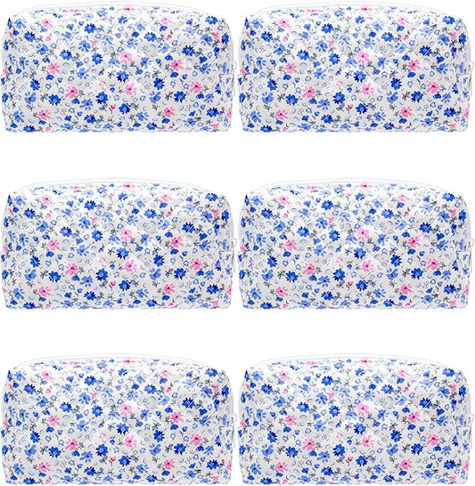 PAZIMIIK 6PCS Vintage Quilted Makeup Bag SET Cosmetic Pouch for Brushes Pencils and Travel Make Up Accessories for Women and Girls Flower Blue