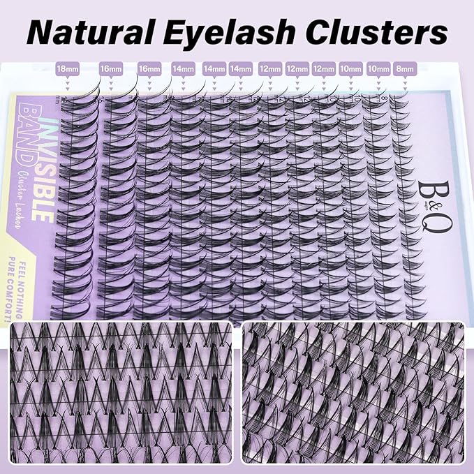 B&Q Snow Lotus Lash Clusters Kit Natural Lashes Clusters Wispy Invisible Band Manga Lashes Individual Lashes Bond and Seal Eyelash Extension Kit Easy Removal (Snow Lotus KIT-8-18MIX)