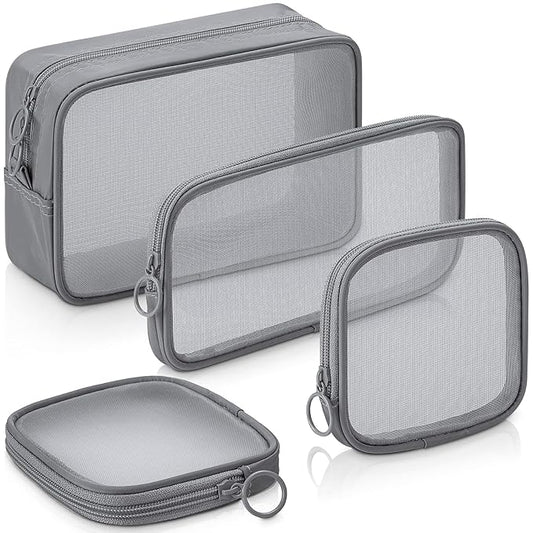 Weewooday 4 Pcs Mesh Makeup Bag Mesh Cosmetic Bag Travel Toiletry Pouch with Zipper Mini Makeup Cosmetic Purse for Daily Accessory(Small, Large, Medium,Gray)