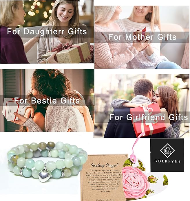 2Pcs Healing Crystal Bracelets for Women Handmade Beaded Bracelet Healing Prayers Crystal 8mm Natural Stone Beads Bracelet Stress Relief Get Well Soon Gifts