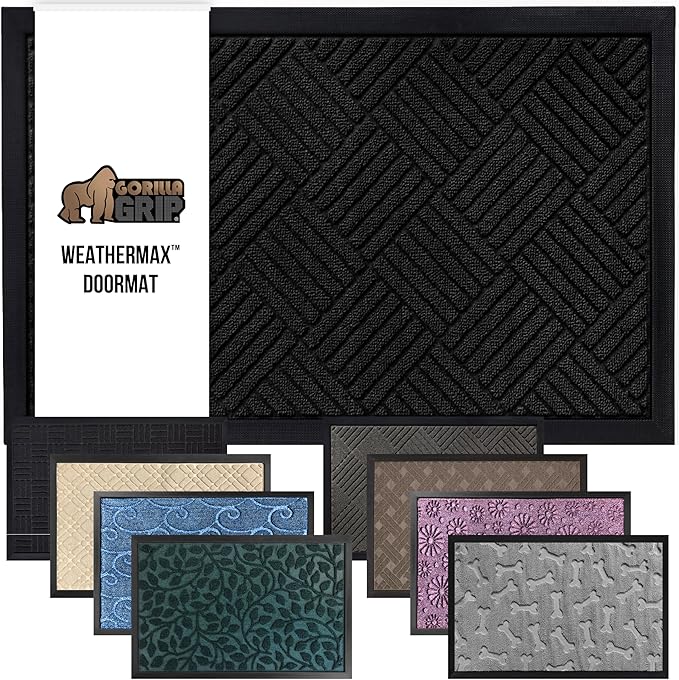 GORILLA GRIP 100% Waterproof All-Season WeatherMAX Doormat US Designed Natural Rubber, Stain and Fade Resistant, Low Profile Indoor Outdoor Door Mats, Easy Clean Patio Mat, 17x29, Black Diamond