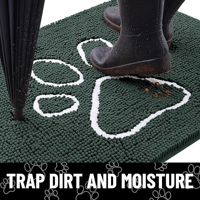 Smiry Dog Door Mat for Muddy Paws, Absorbent Dirt Trapper Non Slip Quick Dry Washable Chenille Mat for Mud Dogs, Entry Rug for Indoor and Outdoor (30x20 Inches, Green and White)