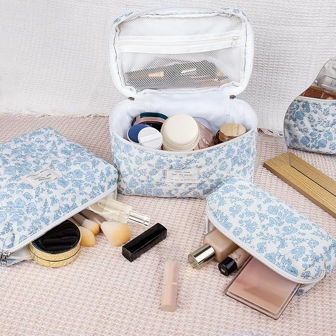 3pc Makeup Bag Set, Quilted Makeup Bag Set, Large Floral Cosmetic Bag for Women, Cute Cotton Makeup Bags, Flower Travel Toiletry Organizer Bag (Checkered)
