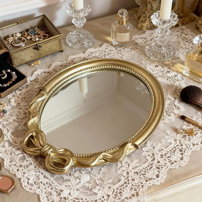 Vintage Vanity Desk Mirror - 13x10 Inch Wall-Mounted & Tabletop Decorative Ornate Gold Accent Retro Makeup Mirror for Bedroom Dresser Bathroom Living Room Dorm Oval