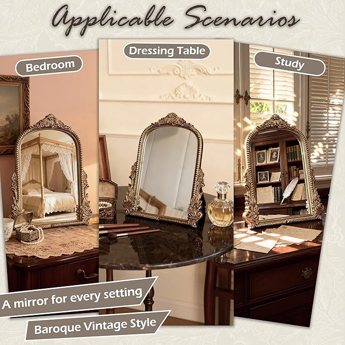 Baroque Champagne Gold Vintage Vanity Mirror 13x10 Inch, Wall-Mounted & Tabletop Dual-Use, Ornate Gold Accent Retro Decorative Mirror for Bedroom Dresser, Bathroom, Living Room and Dorm