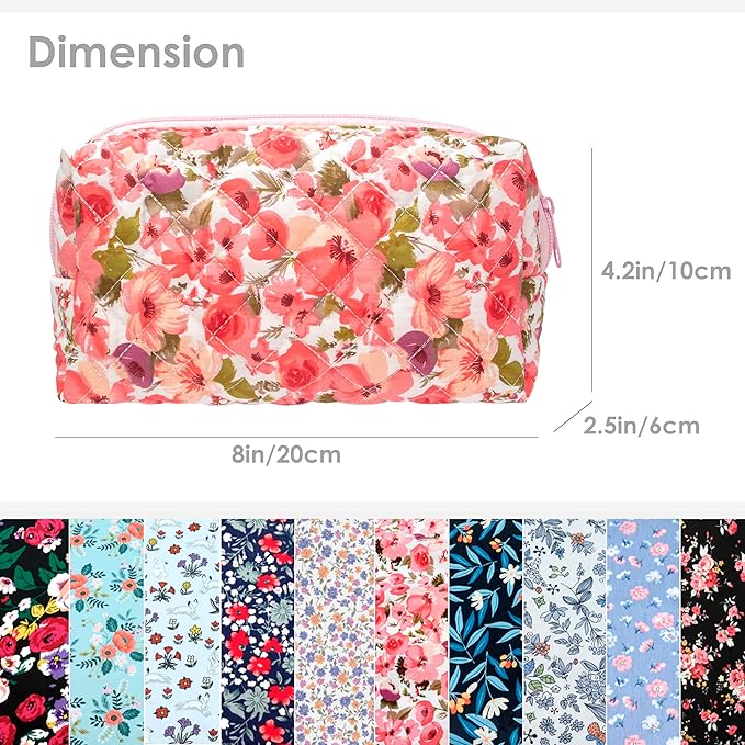 PAZIMIIK Vintage Quilted Makeup Bag Cosmetic Pouch for Brushes Pencils and Travel Make Up Accessories for Women and Girls,Flower Pink