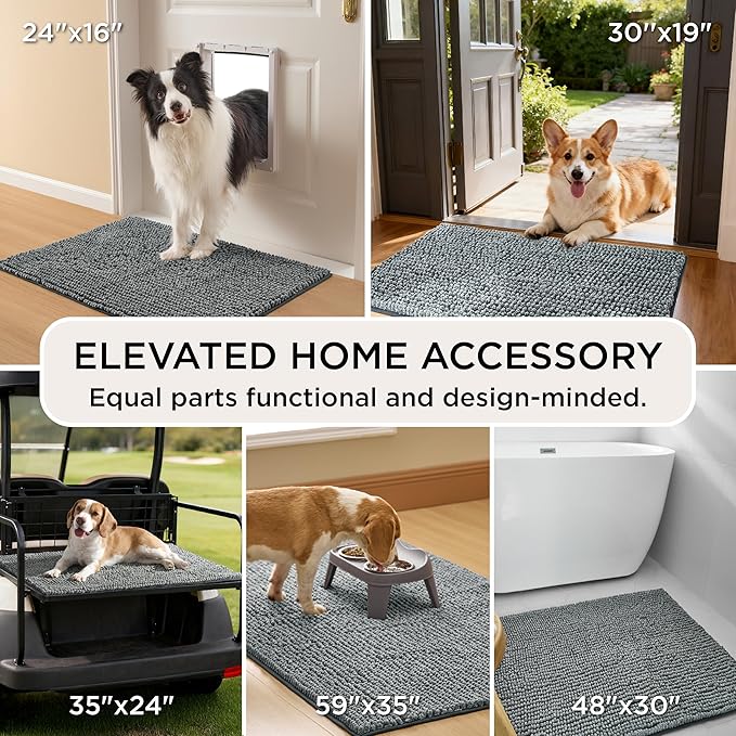 Bedsure Dog Door Mat for Muddy Paws, High-Low Absorbent Chenille Indoor Entrance Mud Dirt Trapper Soak-Stopper, Machine Washable Non-Slip Entryway Rug for Pets, 35"x24" Grey