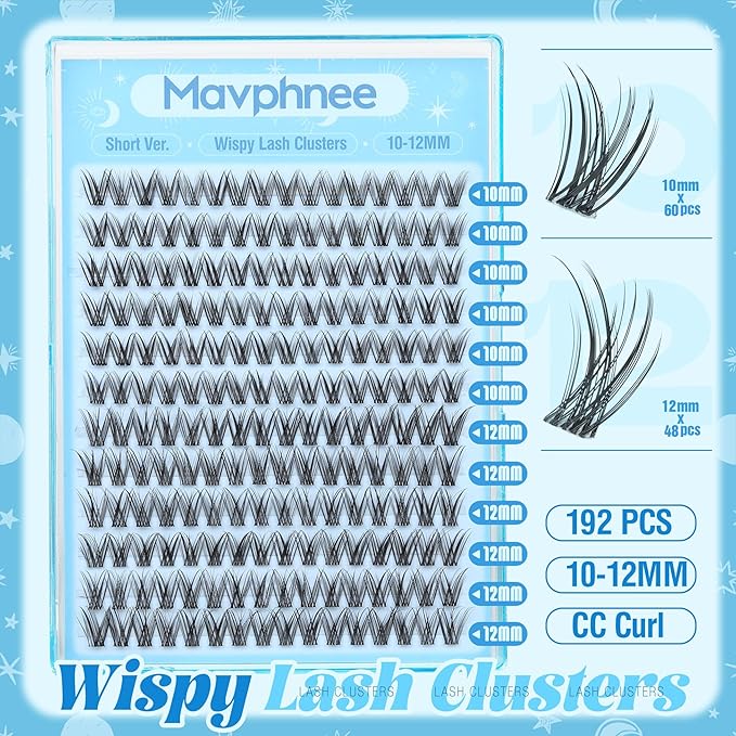 Wispy Lash Clusters Kit 10-12MM Natural Cluster Eyelash Extensions 192PCS DIY Lash for Everyday Wear, with Invisible Clear Band & Lifted CC Curl | Includes Lash Bond and Seal Glue & Precision Tweezers
