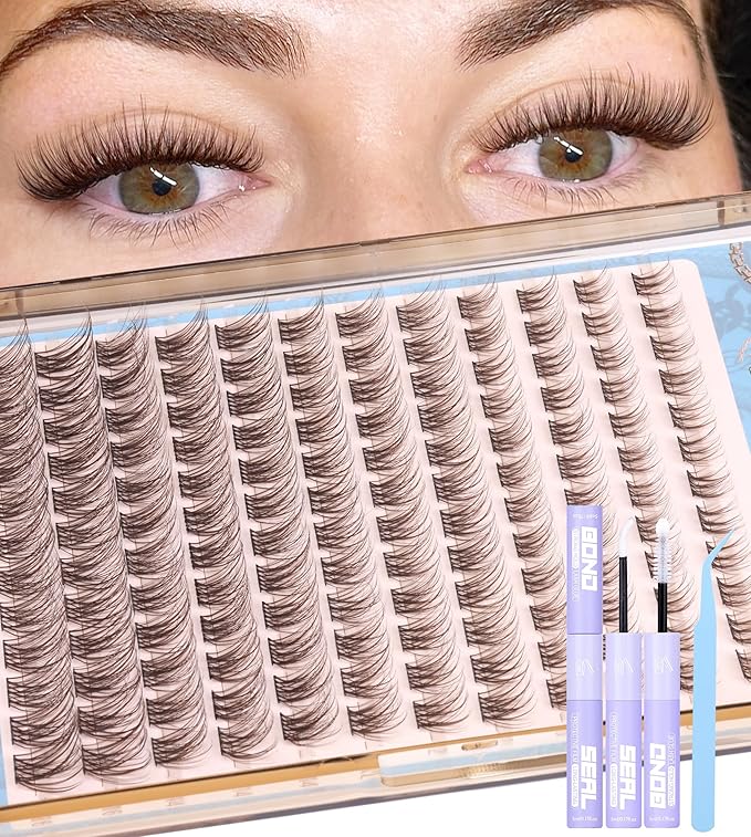 Mavphnee Brown Lash Clusters Kit Natural Eyelash Clusters Dark Brown Eyelash Extensions CC-Curly Pestañas Postizas Wispy Individual Lash Extensions Kit 8-16MM Brown Cluster Lashes 144PCS DIY Lash Kit
