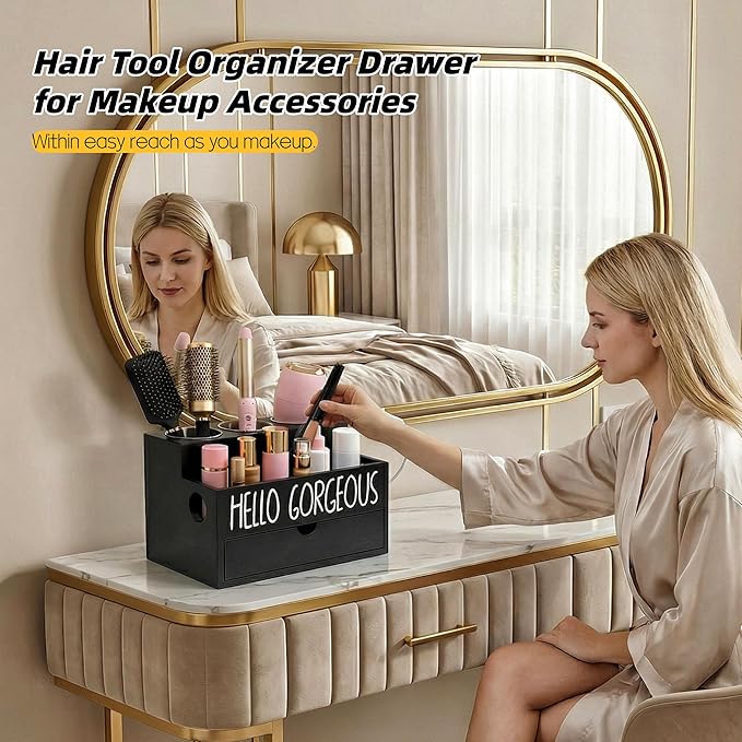 Hair Tool Organizer Drawer, Heat-Resistant Hot Tools Organizer with Removable Stainless Steel Cups for Hair Dryer , Curling Iron , Straightener, Bathroom Hair Accessories Storage (Black)