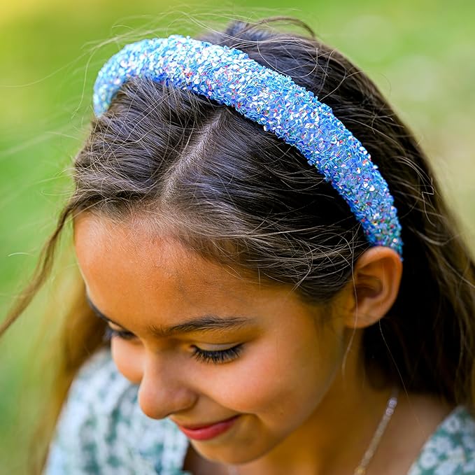 FROG SAC Sequin Headband for Girls, Sparkly Puffy Hair Band for Kids, Padded Toddler Head Bands, Sparkle Girl Hair Accessories (Blue, Child)