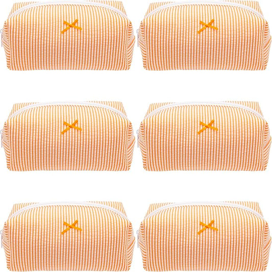 PAZIMIIK 6PCS Cozy Makeup Bag Small Aesthetic Travel Zipper Cosmetic Pouch for Women Make Up Beauty Accessories Brushes, Stripe Orange