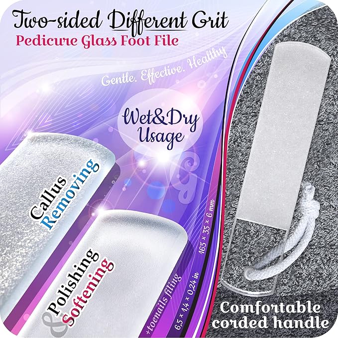 GLADZY Genuine Czech Glass Nail File Set - Callus Remover Foot Rasp, Cuticle Pusher Manicure Stick, Double Sided Etched Different Grit Surface, Professional Nail Care Tool, Made in EU