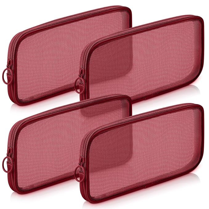Weewooday 4 Pcs Mesh Makeup Bag Mesh Cosmetic Bag Toiletry Pouch with Zipper Mini Makeup Cosmetic Purse for Daily Accessory(Medium,Claret)
