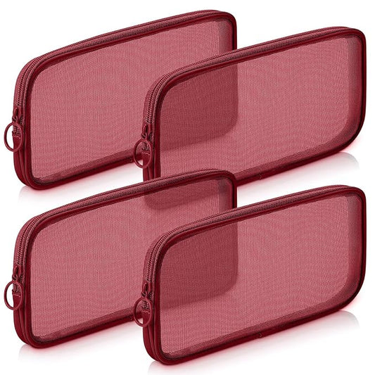 Weewooday 4 Pcs Mesh Makeup Bag Mesh Cosmetic Bag Toiletry Pouch with Zipper Mini Makeup Cosmetic Purse for Daily Accessory(Medium,Claret)