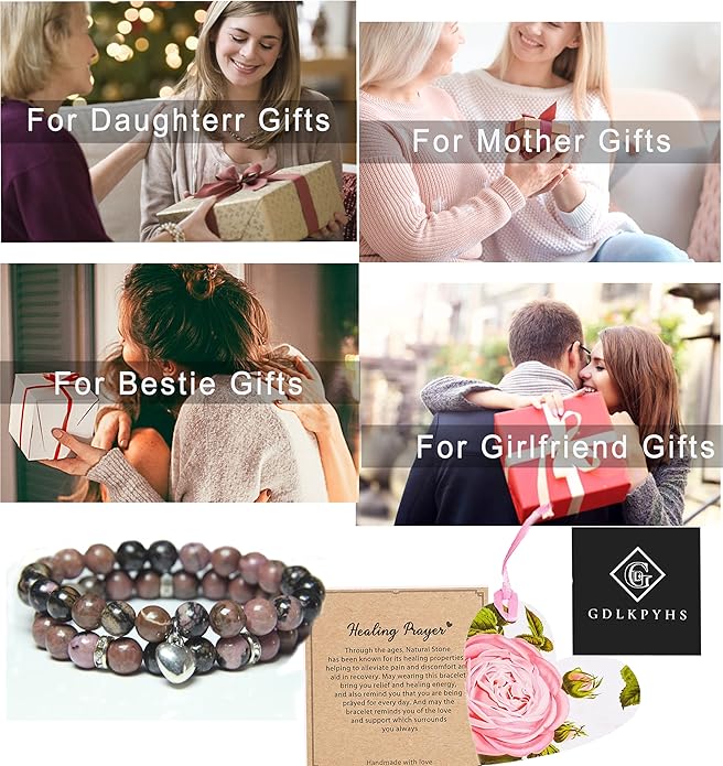 2Pcs Healing Crystal Bracelets for Women Handmade Beaded Bracelet Healing Prayers Crystal 8mm Natural Stone Beads Bracelet Stress Relief Get Well Soon Gifts