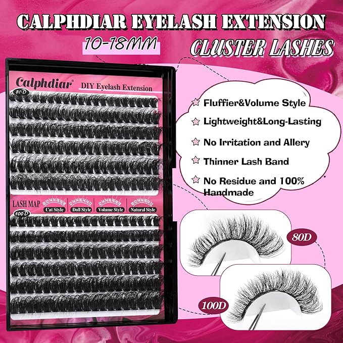 Calphdiar Lash Clusters 80D+100D Thick Eyelash Clusters D-curly Cluster Eyelash Extensions Russian Cluster Lashes Wispy Lashes Clusters 234pcs False Mink Eyelashes 10-18mm DIY Lash Extension