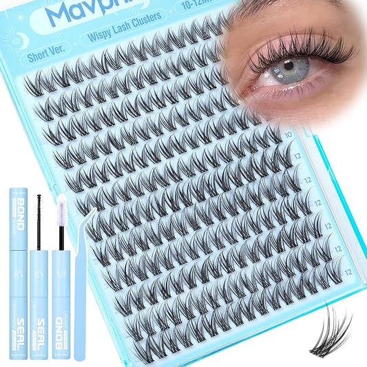 Wispy Lash Clusters Kit 10-12MM Natural Cluster Eyelash Extensions 192PCS DIY Lash for Everyday Wear, with Invisible Clear Band & Lifted CC Curl | Includes Lash Bond and Seal Glue & Precision Tweezers