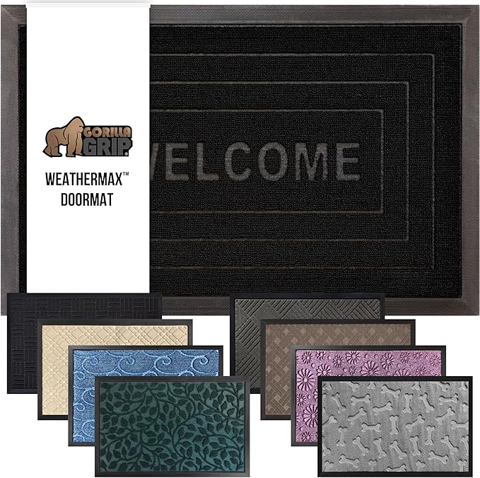 GORILLA GRIP 100% Waterproof All-Season WeatherMAX Doormat 35x23, US Designed Natural Rubber, Stain and Fade Resistant, Low Profile Indoor Outdoor Door Mats, Easy Clean Patio Mat, Black Welcome