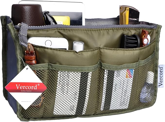 Vercord Purse Organizer Insert for Handbags Bag Organizers Inside Tote Pocketbook Women Nurse Nylon 13 Pockets Army Green Medium