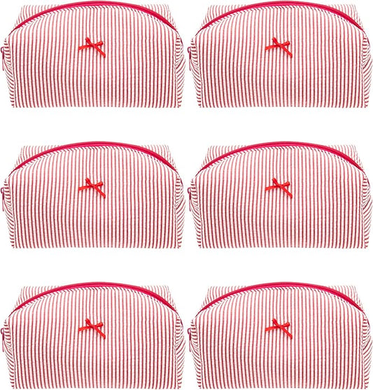 PAZIMIIK 6PCS Cozy Makeup Bag Small Aesthetic Travel Zipper Cosmetic Pouch for Women Make Up Beauty Accessories Brushes, Stripe Red