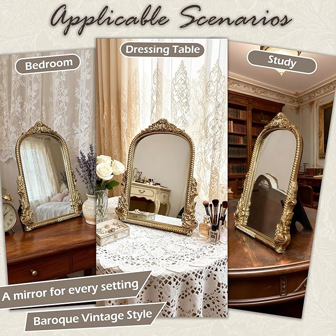 Baroque Gold Vintage Vanity Mirror 13x10 Inch, Wall-Mounted & Tabletop Dual-Use, Ornate Gold Accent Retro Decorative Mirror for Bedroom Dresser, Bathroom, Living Room and Dorm