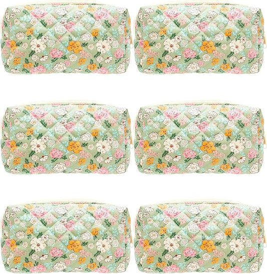 PAZIMIIK 6PCS Vintage Quilted Makeup Bag SET Cosmetic Pouch for Brushes Pencils and Travel Make Up Accessories for Women and Girls Floral Green