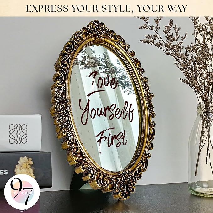 97 Decor Small Oval Mirror for Table - Gold Vintage Mirror for Tabletop and Wall Mounting, Small Decorative Mirrors Frame for Antique Home Bedroom, Victorian Makeup Room Decor