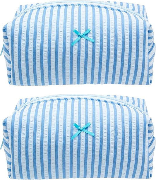 PAZIMIIK 2PCS Cozy Makeup Bag Small Aesthetic Travel Zipper Cosmetic Pouch for Women Make Up Beauty Accessories Brushes, Stripe Lake Blue