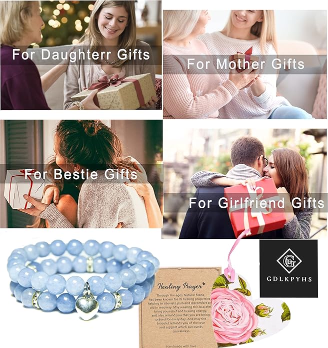 2Pcs Healing Crystal Bracelets for Women Handmade Beaded Bracelet Healing Prayers Crystal 8mm Natural Stone Beads Bracelet Stress Relief Get Well Soon Gifts