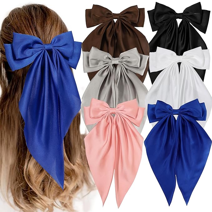 6 PCS Hair Bows for Women, Big Bow Hair Clips for Girls, Silky Satin Hair Bows Clips Oversized Long Tail, Large Cute Aesthetic Hair Accessories, Metal Bow Hair Clips Holiday Gifts Blue