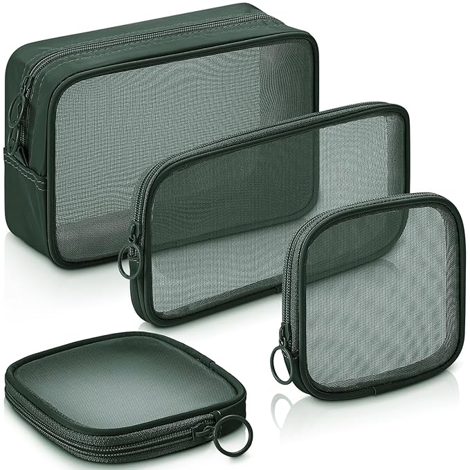 Weewooday 4 Pcs Mesh Makeup Bag Mesh Cosmetic Bag Travel Toiletry Pouch with Zipper Mini Makeup Cosmetic Purse for Daily Accessory(Small, Large, Medium,Olive Green)