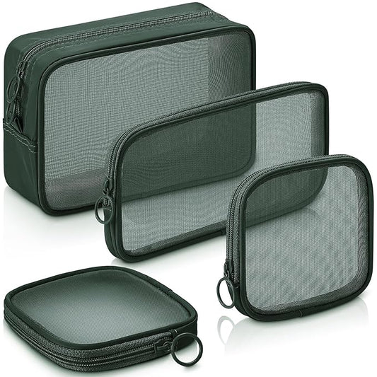 Weewooday 4 Pcs Mesh Makeup Bag Mesh Cosmetic Bag Travel Toiletry Pouch with Zipper Mini Makeup Cosmetic Purse for Daily Accessory(Small, Large, Medium,Olive Green)