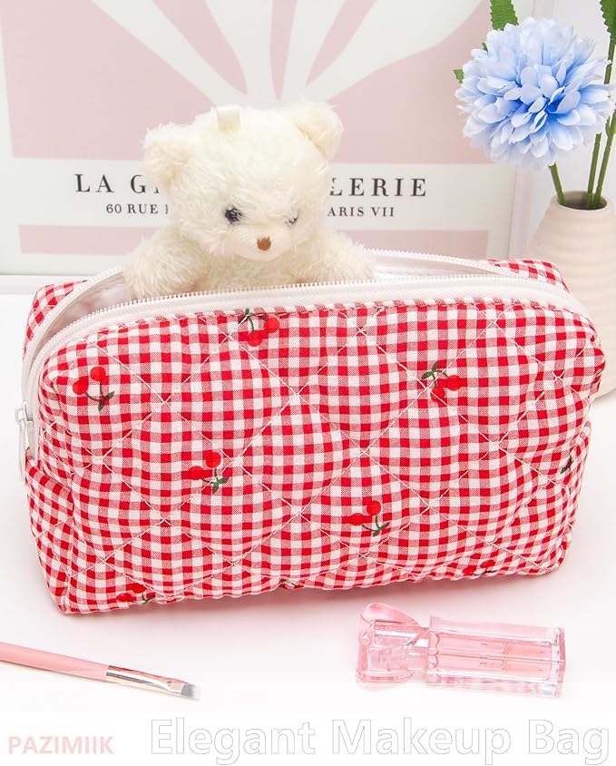 PAZIMIIK Vintage Quilted Makeup Bag Cosmetic Pouch for Brushes Pencils and Travel Make Up Accessories for Women and Girls Plaid Cherry