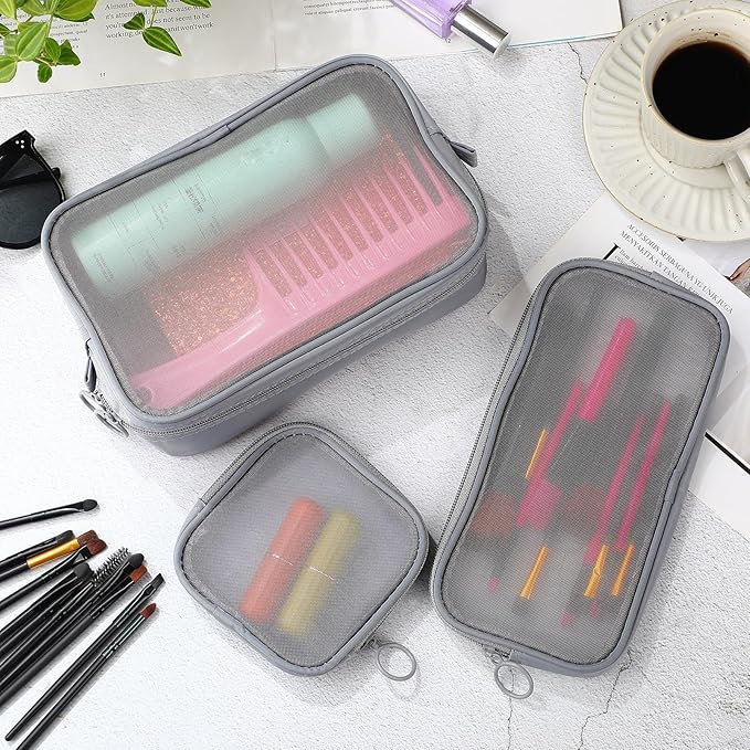 Weewooday 4 Pcs Mesh Makeup Bag Mesh Cosmetic Bag Travel Toiletry Pouch with Zipper Mini Makeup Cosmetic Purse for Daily Accessory(Small, Large, Medium,Gray)