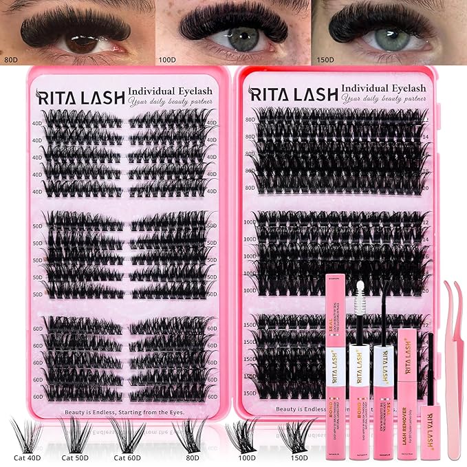 Lash Clusters Kit Eyelash Clusters Kit Cat Eye Lashes Clusters Lash Extension Kit Cluster Eyelash Extensions Pestañas Postizas Naturales with Lash Bond&Seal,Remover,Lash Tweezers(Cat Eye Lash Kit)