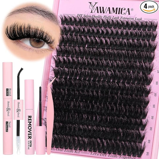 Yawamica Fluffier Lash Clusters Kit with Remover Wispy Cluster Eyelash Extensions 12-20mm Eyelash Clusters 200D Volume Lash Extension Kit D Curly Cluster Lashes with Bond and Seal Remover Tweezers