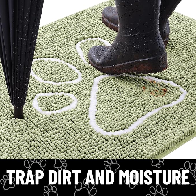 Smiry Dog Door Mat for Muddy Paws, Absorbent Dirt Trapper Non Slip Quick Dry Washable Chenille Mat for Mud Dogs, Entry Rug for Indoor and Outdoor (59x24 Inches, Sage Green and White)