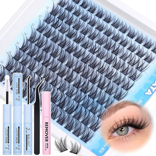 PHKERATA Natural Lash Extension Kit Wispy Lash Clusters Kit Lashes Clusters C Curvature Cluster Eyelash Extension DIY Cluster Lashes with Lash Bond Seal Lash Glue Remover Tweezers Individual Lashes