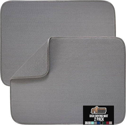 GORILLA GRIP Ultra Water Absorbent Microfiber Dish Drying Mat 2 Pack, Quick Dry Thick Mesh, Slip Resistant Pad for Sink Dishes or Under Rack, Kitchen Counter Accessories, Machine Wash, 18x16, Gray