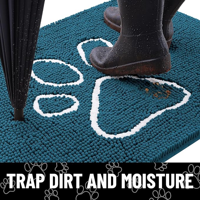 Smiry Dog Door Mat for Muddy Paws, Absorbent Dirt Trapper Non Slip Quick Dry Washable Chenille Mat for Mud Dogs, Entry Rug for Indoor and Outdoor (24x16 Inches, Atlantic Blue and White)