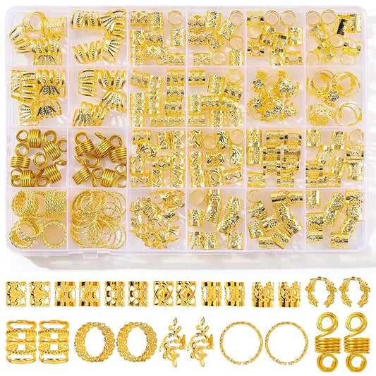220Pcs Gold Hair Jewelry for Braids, 12 Styles Gold Hair Accessories Cuff for Braids and Dreadlocks, Adjustable Metal Rings Cuffs Clips for Dreadlock Accessory Jewelry Decorations