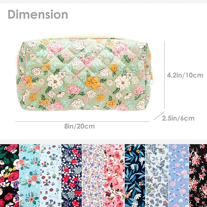 PAZIMIIK 6PCS Vintage Quilted Makeup Bag SET Cosmetic Pouch for Brushes Pencils and Travel Make Up Accessories for Women and Girls Floral Green