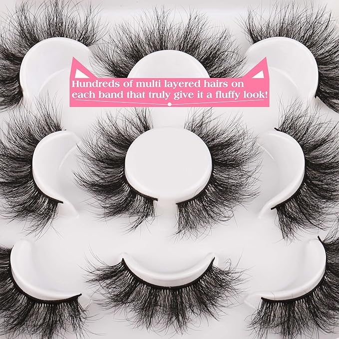JIMIRE Flare Mink Lashes Fluffy Wispy False Lashes Pack Fluttery 10D Multi-dimensional Volume False Eyelashes 5 Pairs