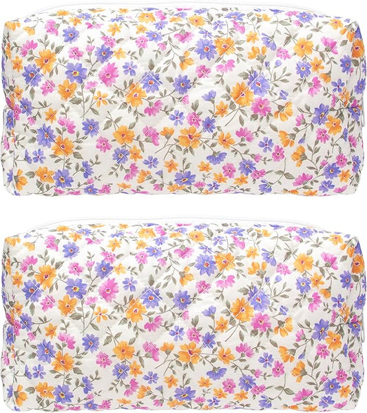 PAZIMIIK 2PCS SET Vintage Quilted Makeup Bag Cosmetic Pouch for Brushes Pencils and Travel Make Up Accessories for Women and Girls,Little flower
