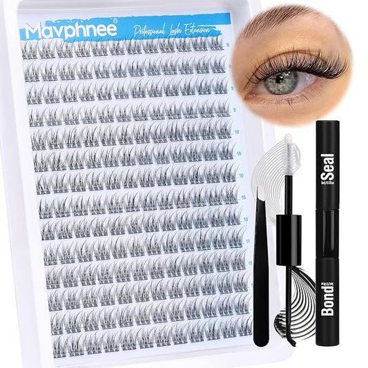 Natural Cluster Lashes Kit 168 Pcs Wispy Lash Extensions CC-Curly 9-11MM Mixed Lengths Eyelash Extension Individual Kit with Lashes Bond and Seal and Tweezers DIY at Home by Mavphnee