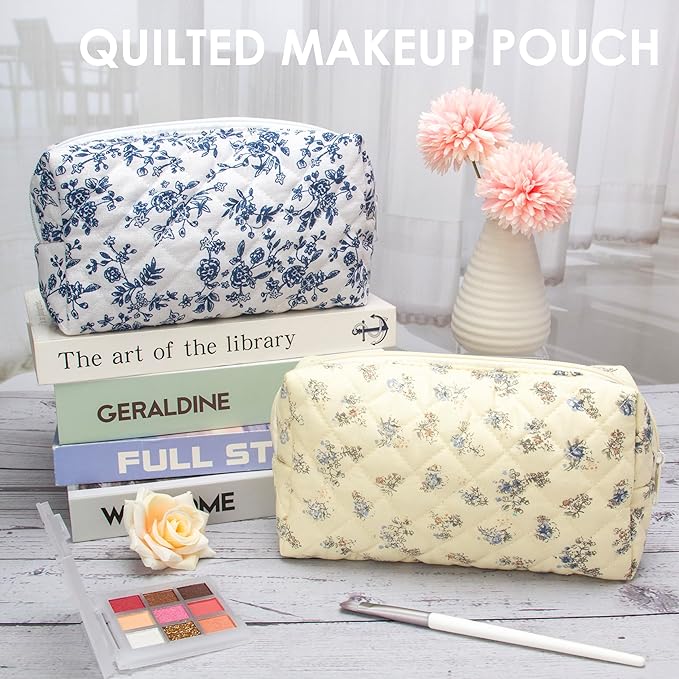 PAZIMIIK Vintage Quilted Makeup Bag Cosmetic Pouch for Brushes Pencils and Travel Make Up Accessories for Women and Girls Floral Blue