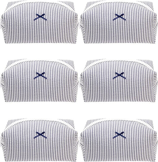 PAZIMIIK 6PCS Cozy Makeup Bag Small Aesthetic Travel Zipper Cosmetic Pouch for Women Make Up Beauty Accessories Brushes, Stripe Navy Blue