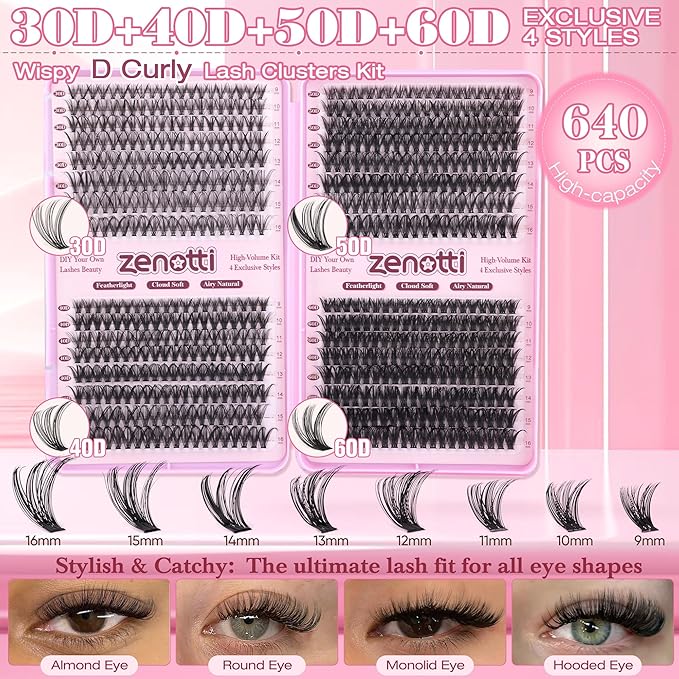 Lash Clusters 640PCS Natural Eyelash Clusters 30D 40D 50D 60D Wispy Cluster Eyelash Extensions 4 Styles Pestañas Postizas Naturales 9-16mm DIY Individual Lashes Extensions Soft Lash Band by zenotti